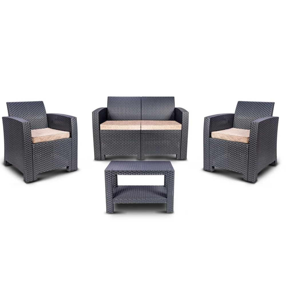 Conjunto Mesa e Sofá de Rattan com 2 Poltronas Chumbo Aquaplas