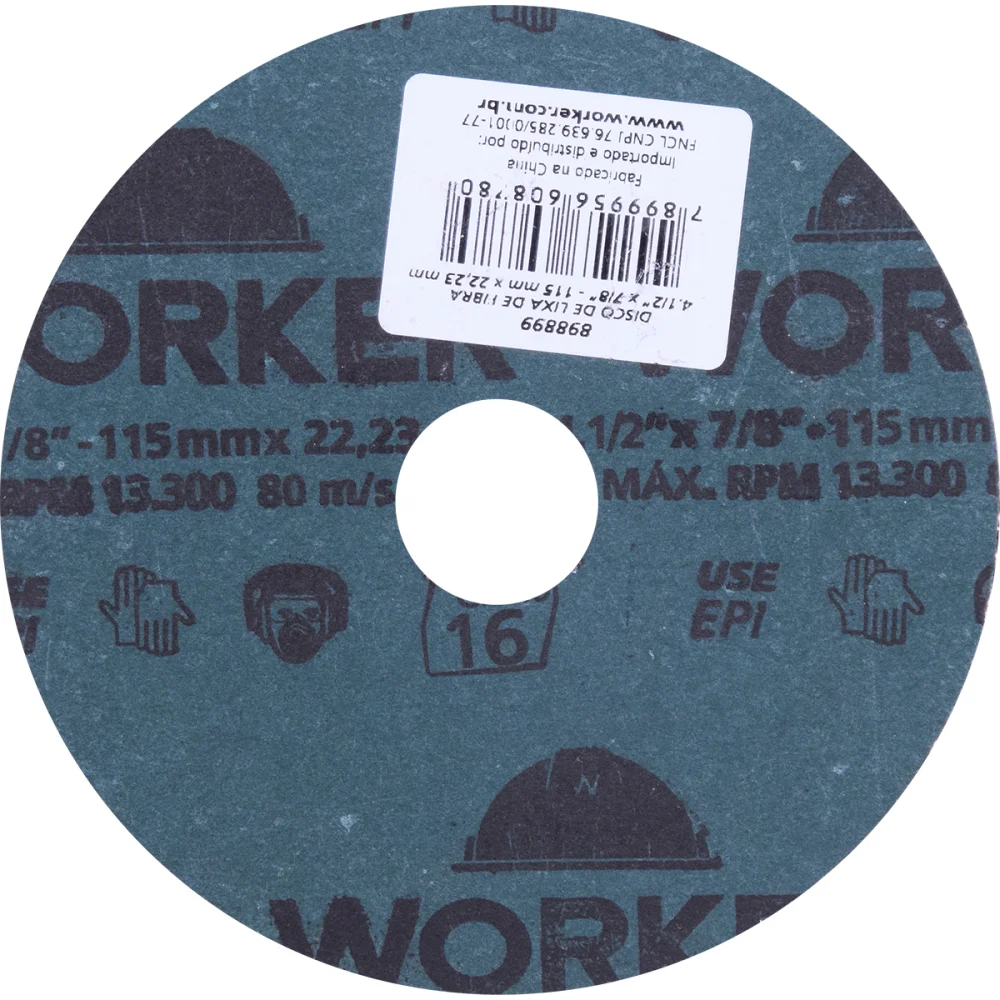 Disco de Lixa de Fibra 4.1/2" X 7/8" Grão 16 Worker