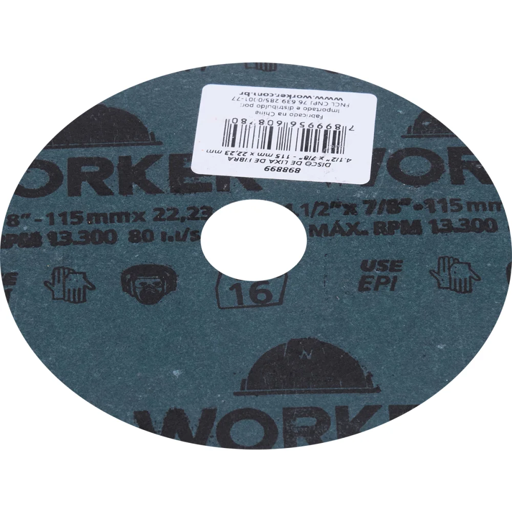Disco de Lixa de Fibra 4.1/2" X 7/8" Grão 16 Worker