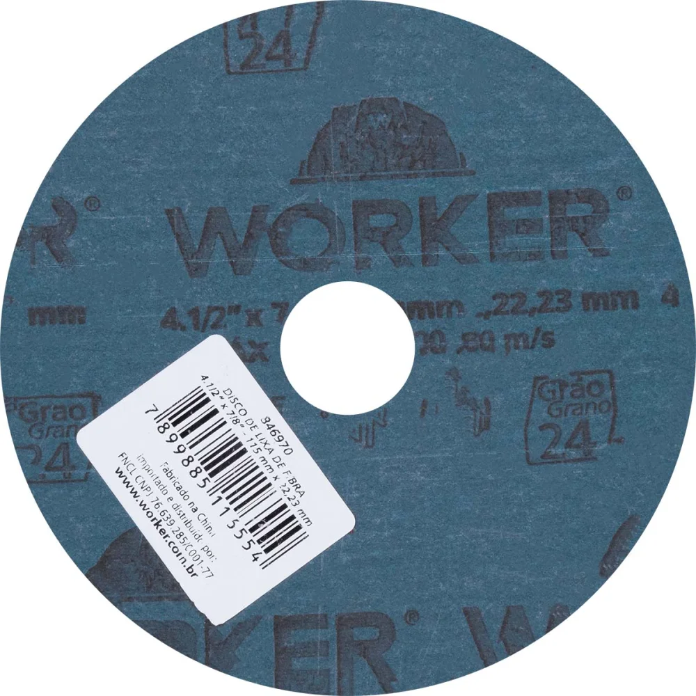 Disco de Lixa de Fibra 4.1/2" X 7/8" Grão 24 Worker
