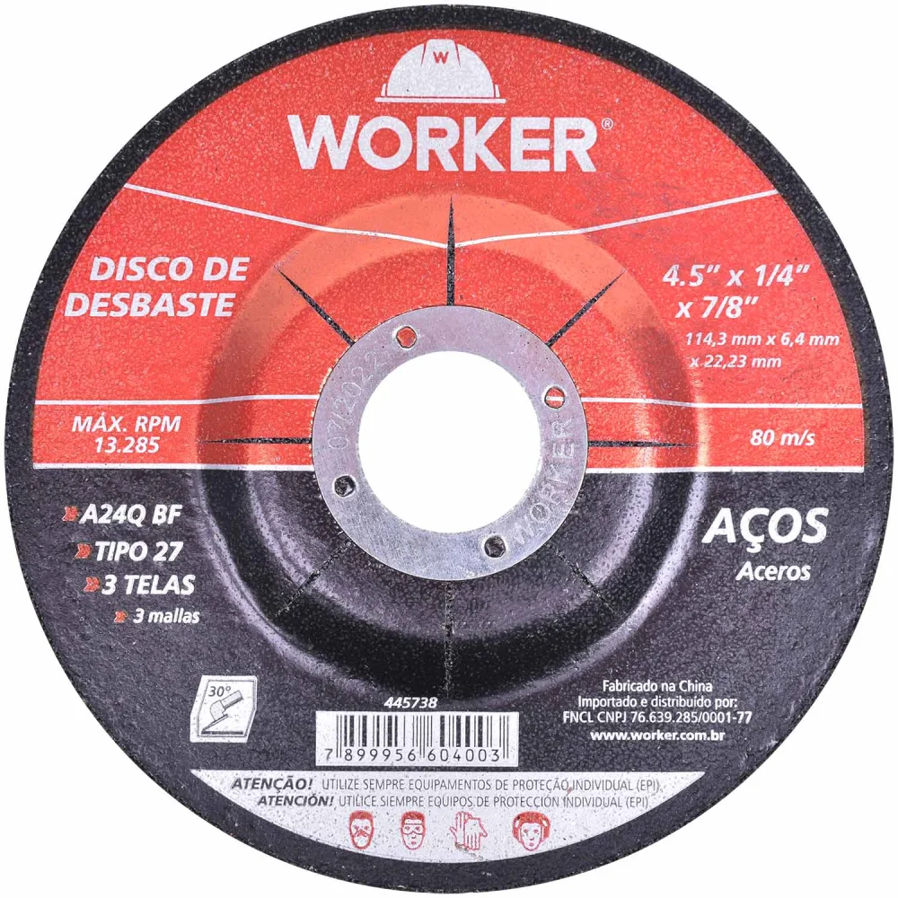 Disco de Desbaste para Aço com 3 Telas 4.5"x1/4"x7/8"worker