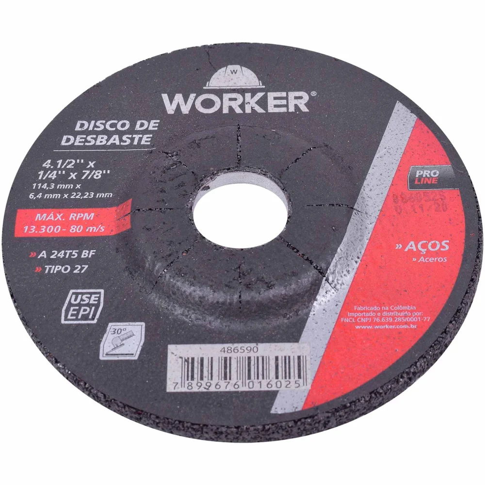 Disco Desbaste Aço 4.1/2" X 1/4" X 7/8" Worker