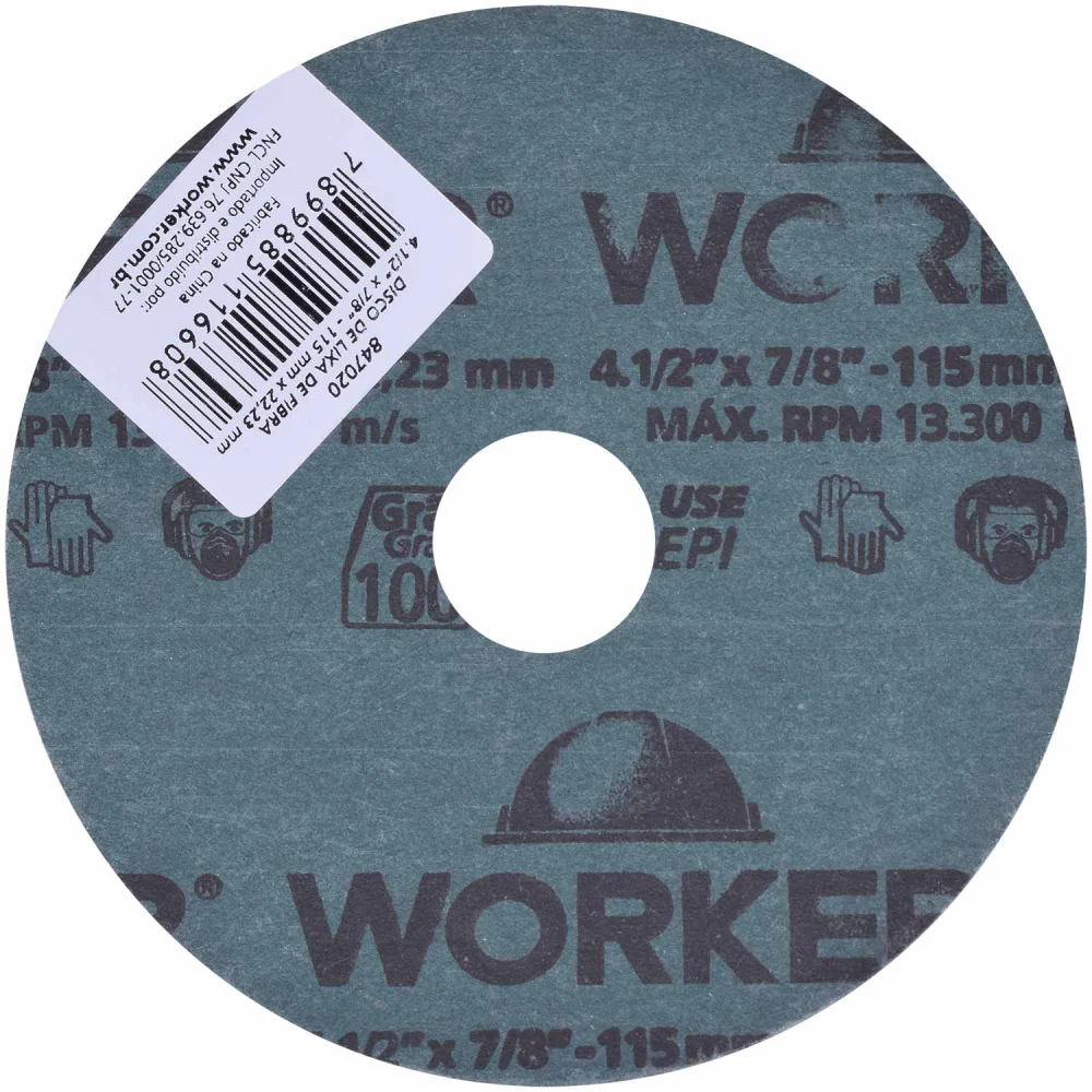 Disco de Lixa de Fibra 4.1/2" X 7/8" Grão 100 Worker