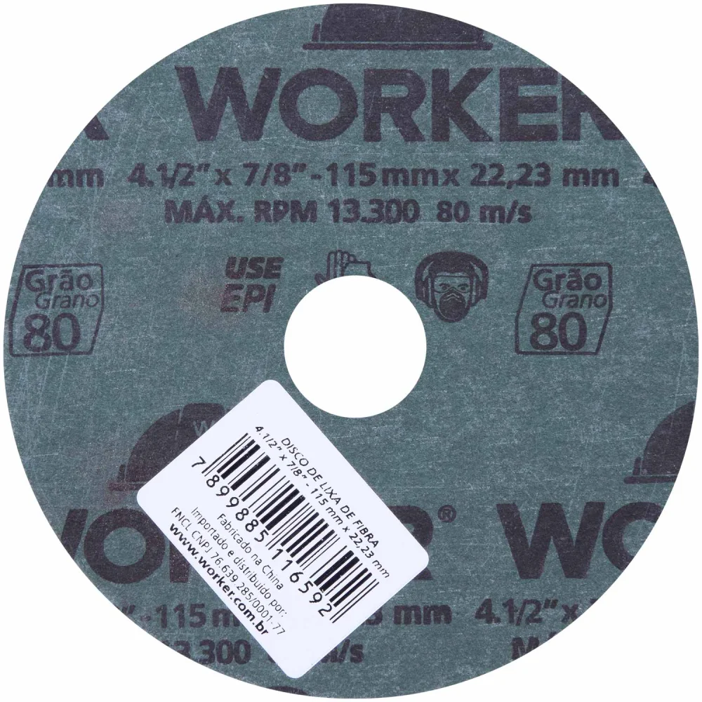 Disco de Lixa de Fibra 4.1/2" X 7/8" Grão 80 Worker