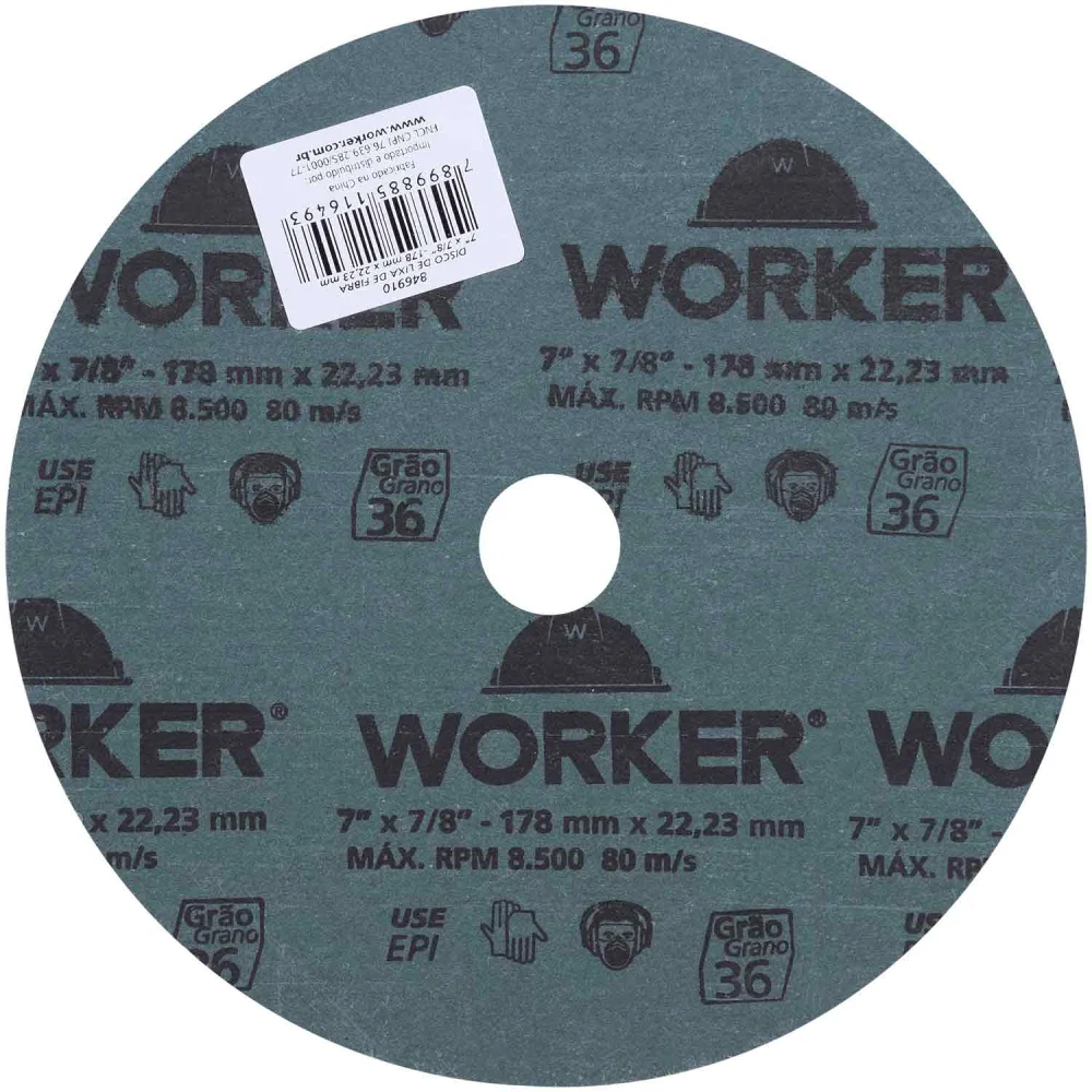 Disco de Lixa de Fibra 7" X 7/8" Grão 36 Worker