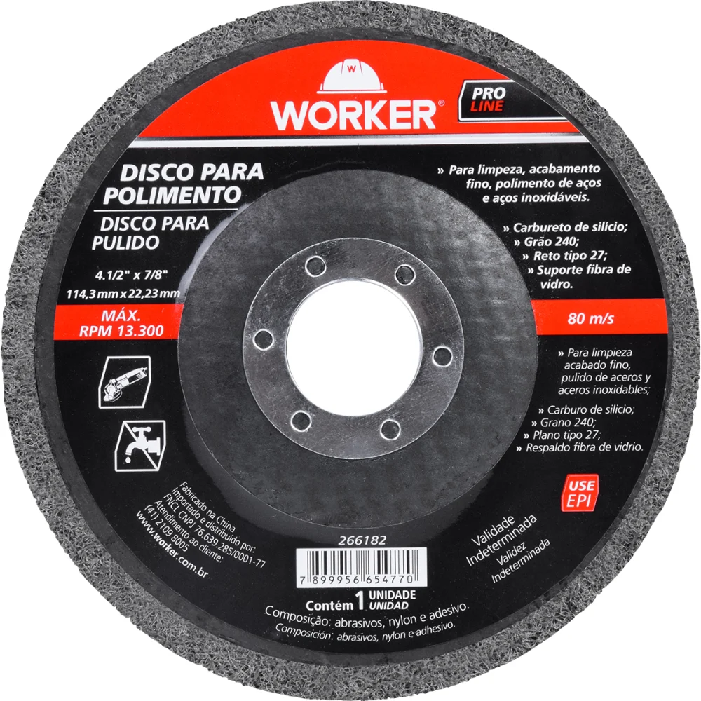 Disco para Polimento de Aço Grão de 240 13.300Rpm 4.1/2" Worker