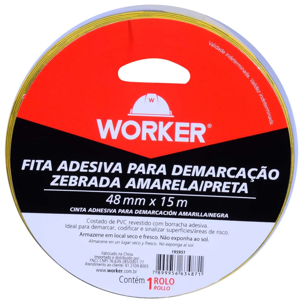 Fita Adesiva para Demarcação Amarelo/preto 48Mm 15M Worker