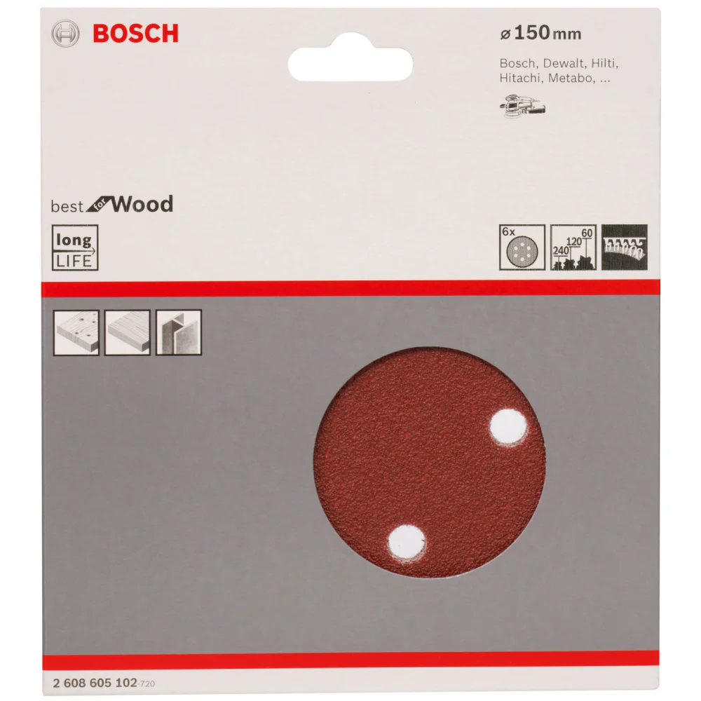 Jogo de Lixa Disco 6" com Velcro G60/120/240 Bosch - 6 Peças