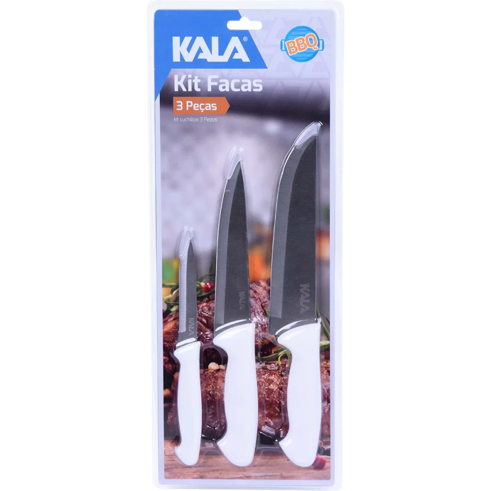 Kit Facas para Cozinha em Aço Inox com Cabo Pp 3 Peças Kala