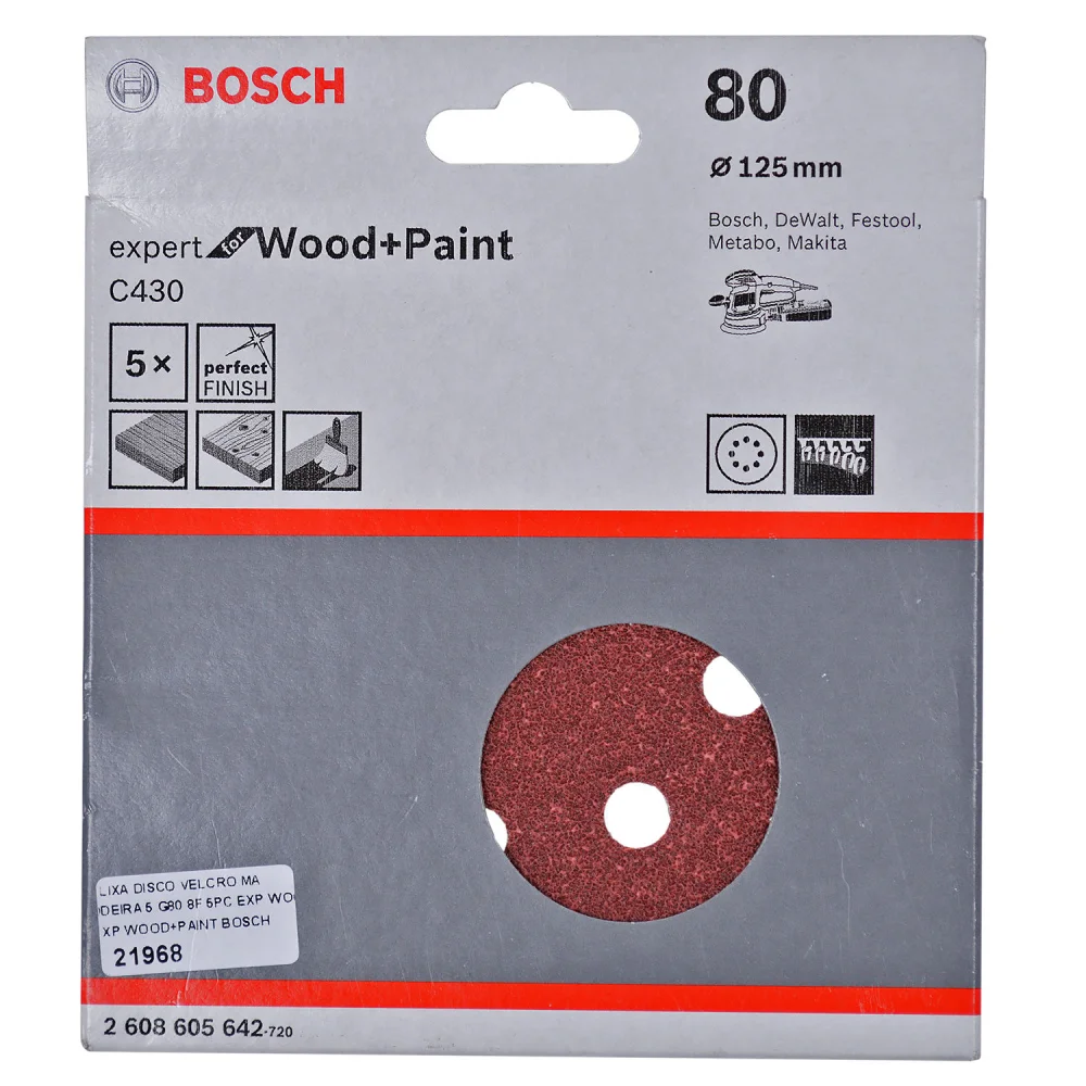 Kit 5 Folhas de Lixa Velcro 5" G80 Expert Wood Paint Bosch