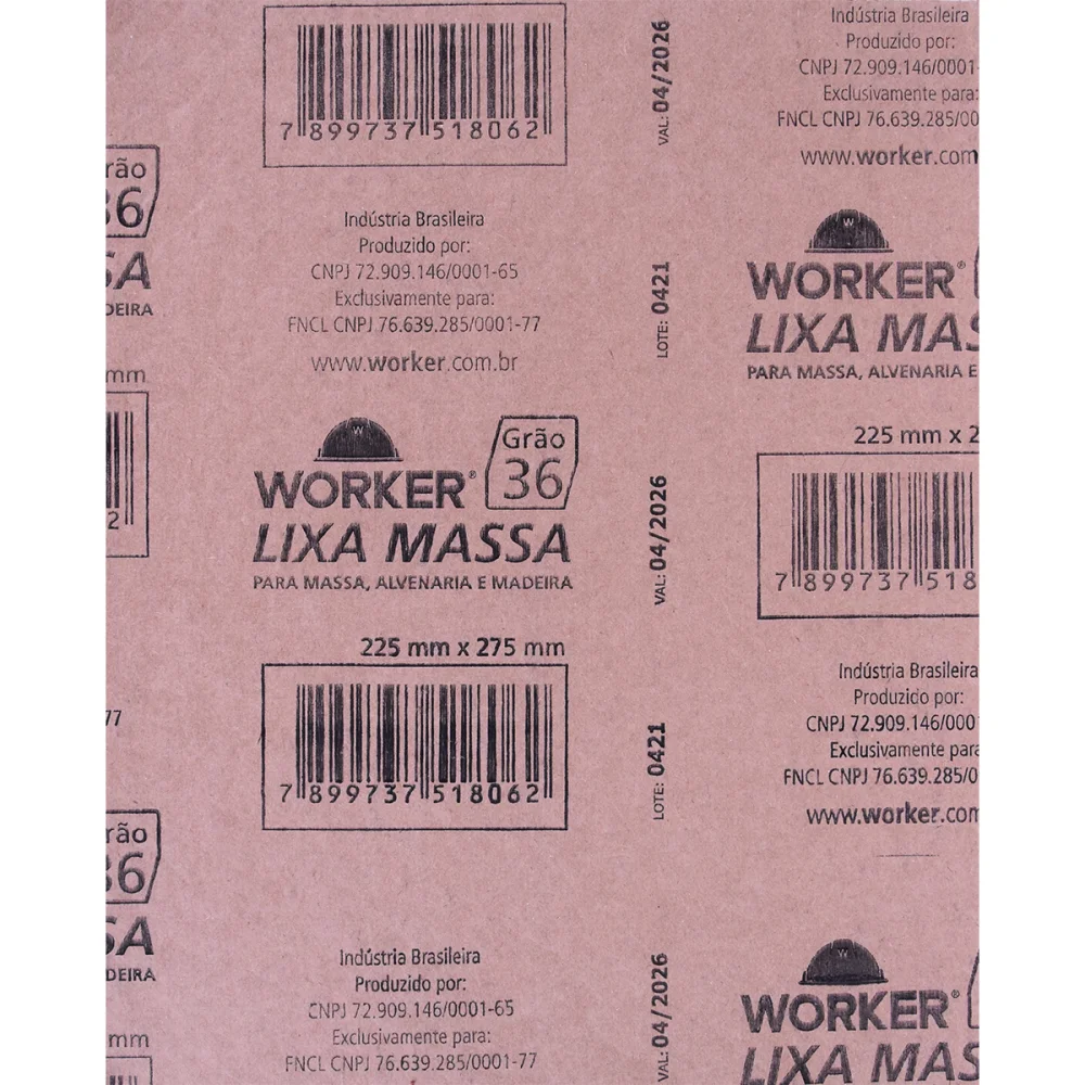 Lixa para Massa, Alvenaria e Madeira Gr36 225X275Mm Worker