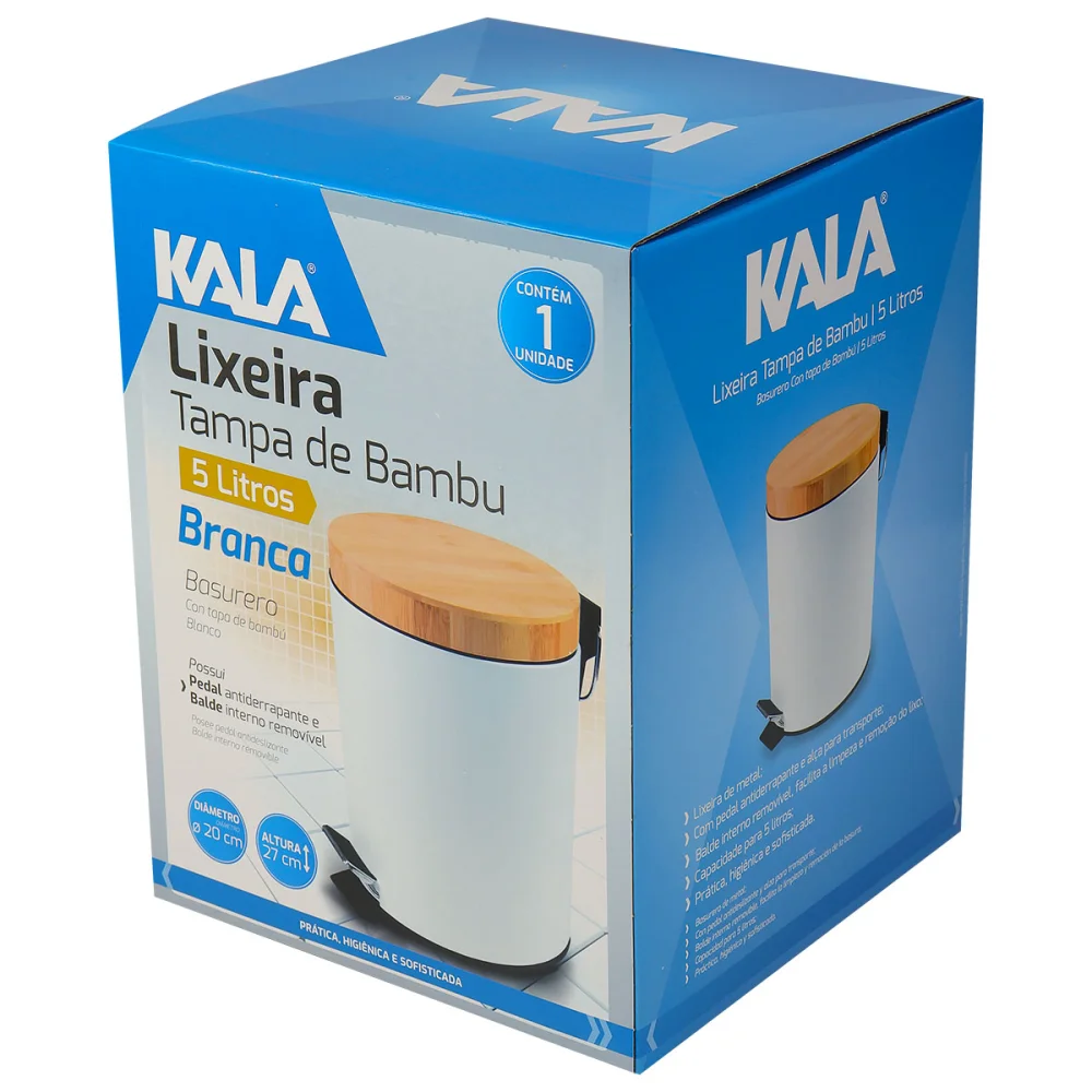 Lixeira Tampa de Bambu Branca 5L Kala