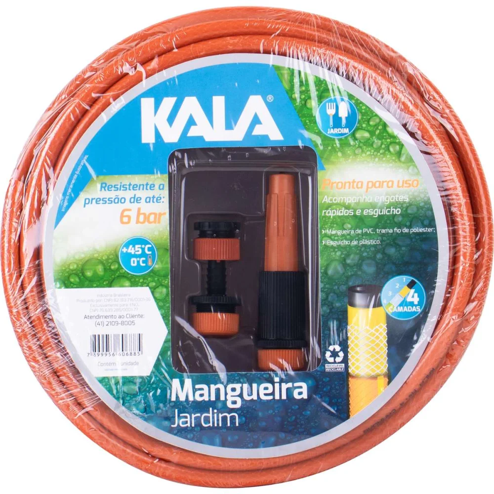 Kit Mangueira Jardim Reforçada Laranja 4 Camadas 20M Kala