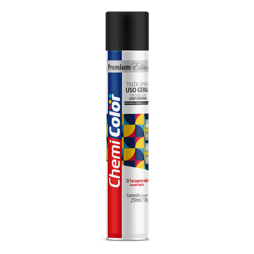 Tinta Spray Geral 250Ml/120G Preto Brilhante Chemicolor