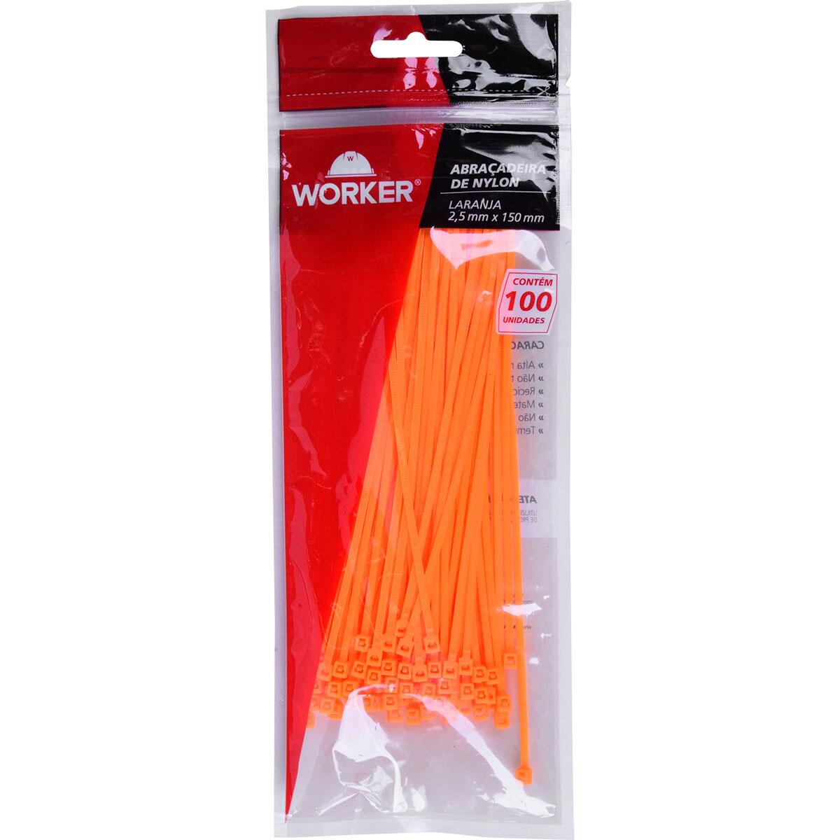 Abraçadeira De Nylon 2	5X150Mm Laranja 100 Peças Worker