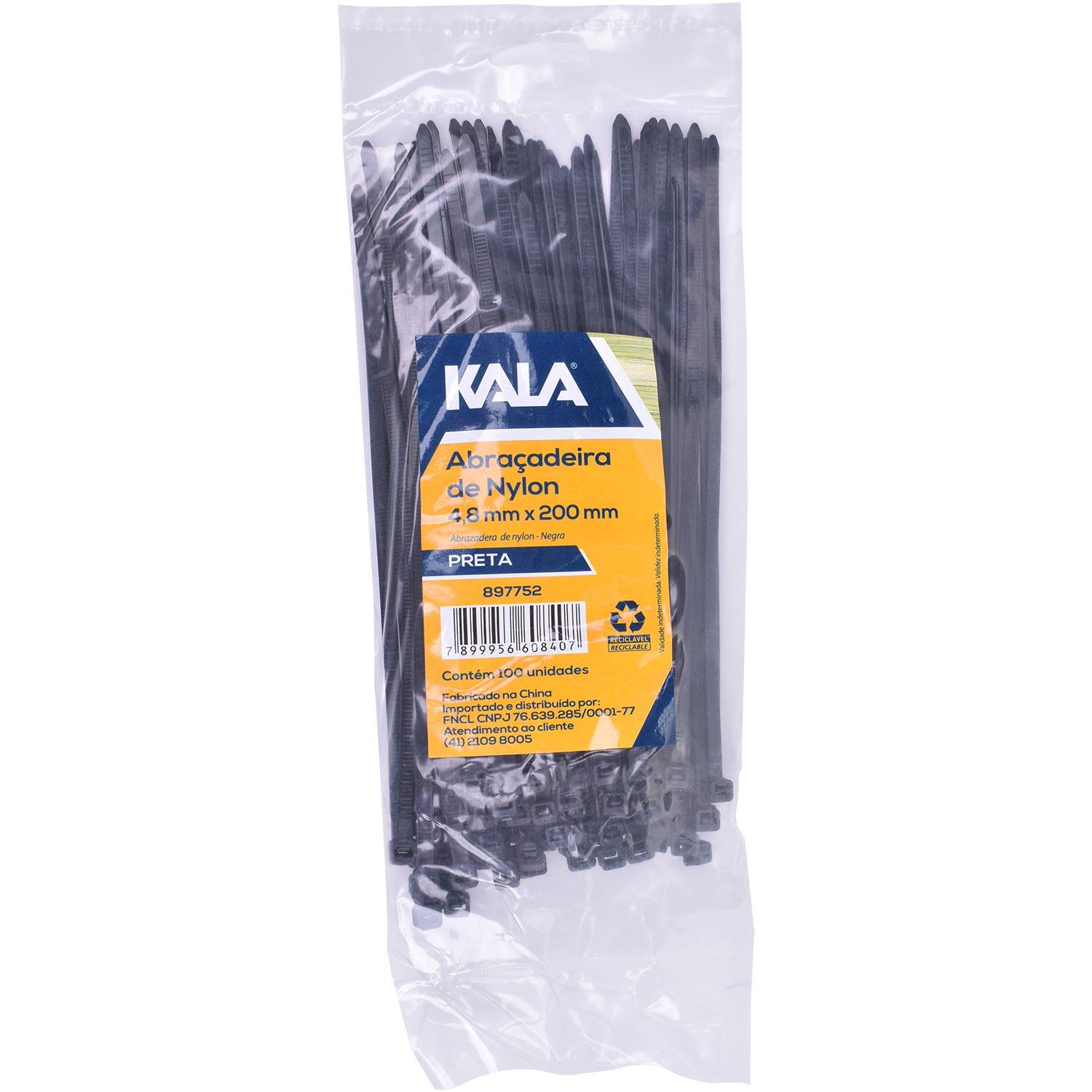 Abraçadeira Nylon 4	8Mm X 200Mm Preta Kala 100 Peças