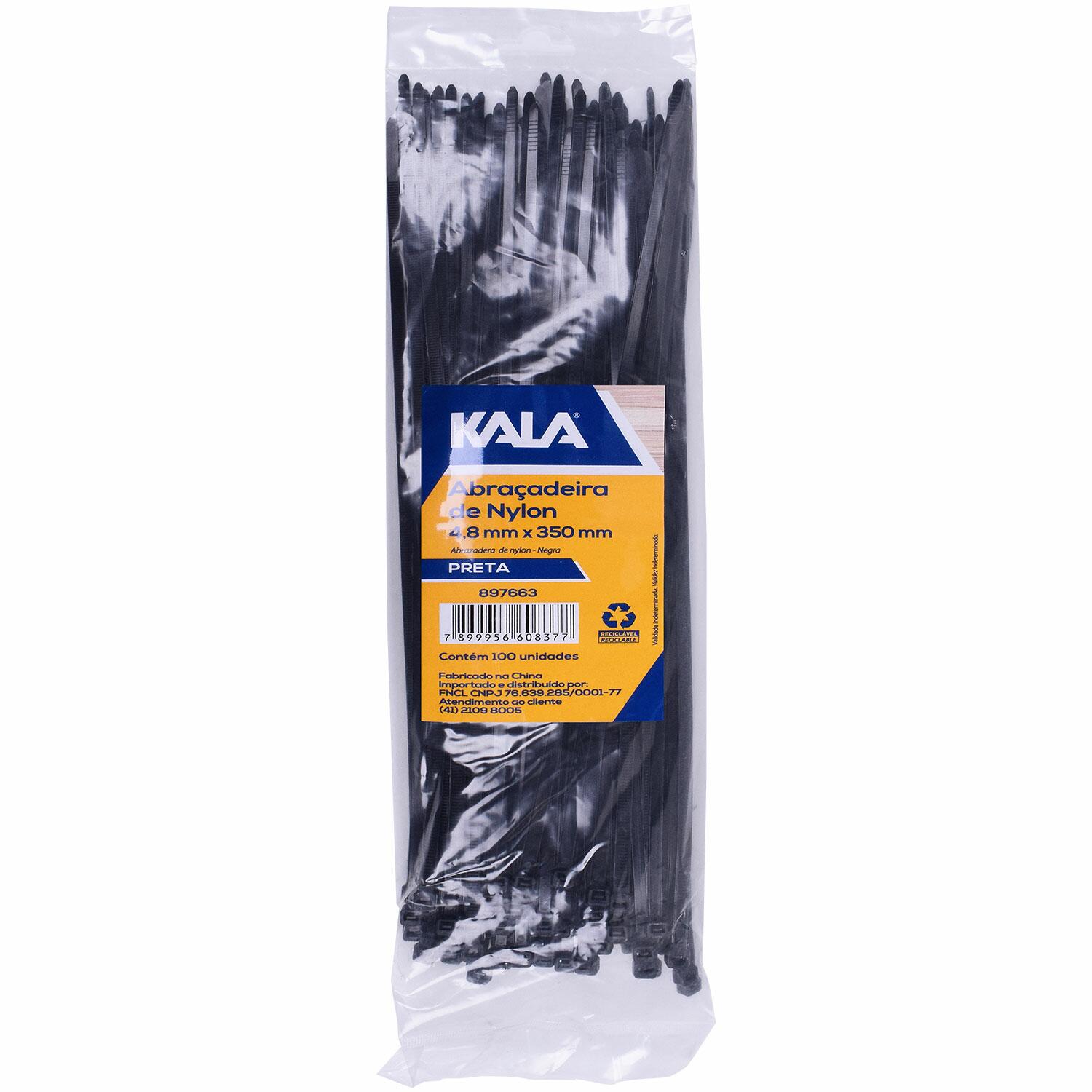 Abraçadeira Nylon 4	8Mm X 350Mm Preta Kala 100 Peças