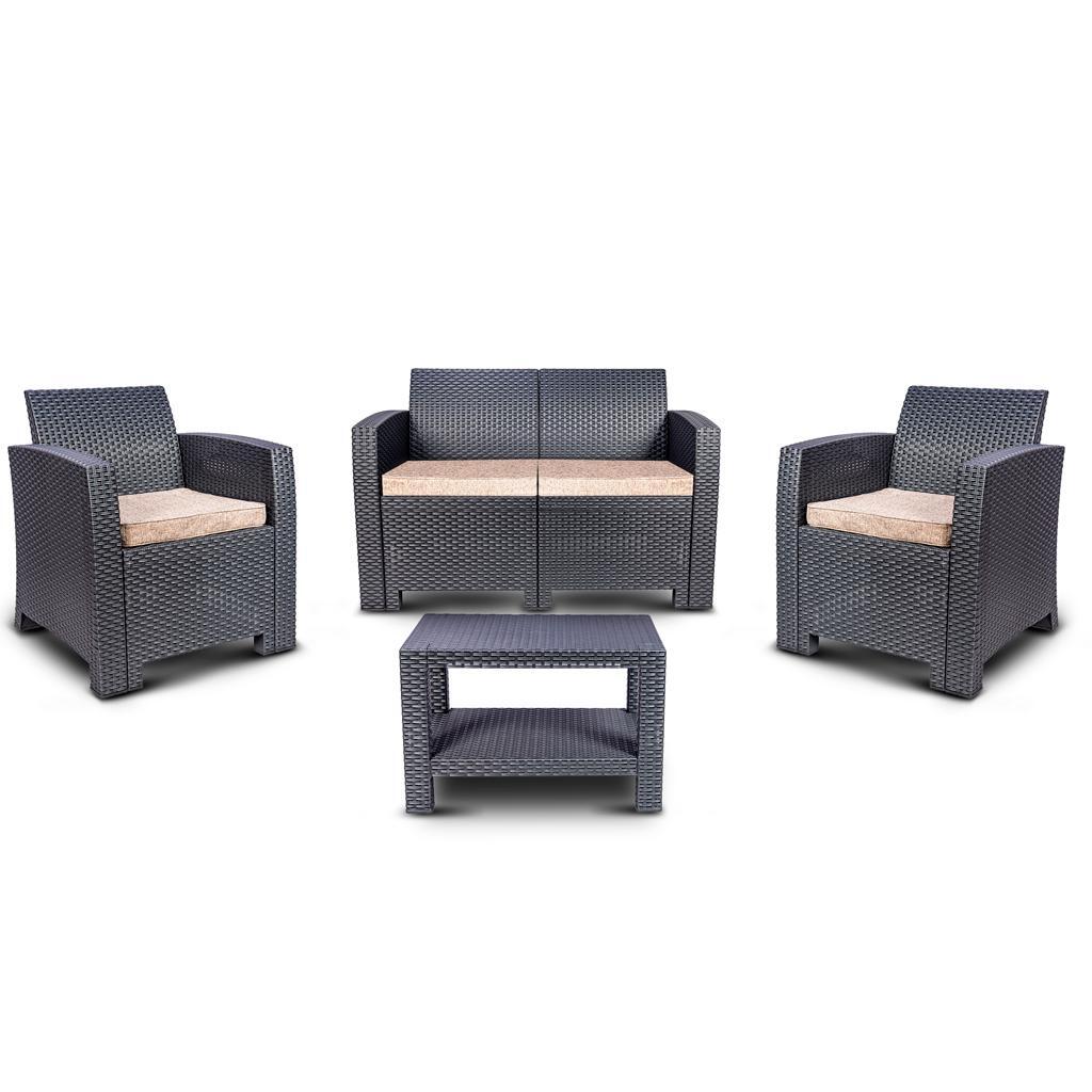 Conjunto Mesa E Sofá De Rattan Com 2 Poltronas Chumbo Aquaplas