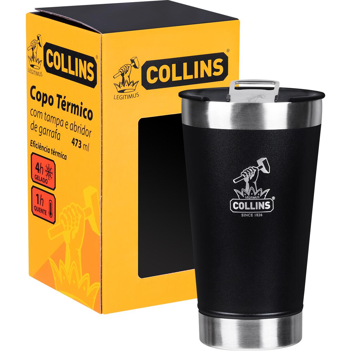 Copo Térmico Com Tampa Em Aço Inoxidável Preto 473Ml Collins